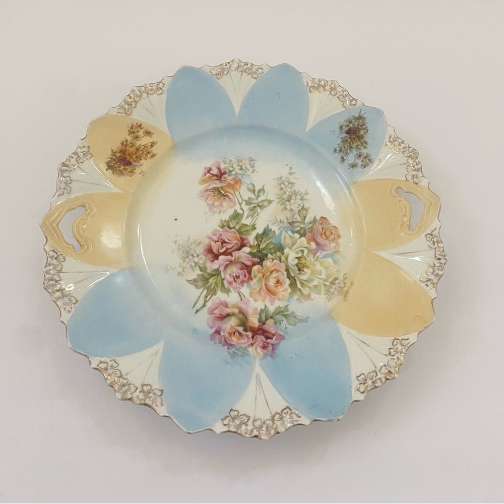 Antique R S Prussia Porcelain 2 Handled Blue & Yellow Cake Plate Pink Roses 11”